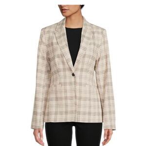 TAHARI T Womens Plaid Linen One-Button Blazer